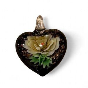 Art Glass Heart Bubble Pendant Necklace Lampwork Flower Handmade Floral Rose